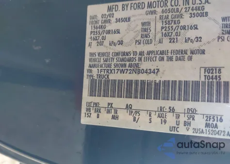 2002 Ford F-150 Lariat/Xl/Xlt z USA, uszkodzony, nr VIN 1FTRX17W72NB04347